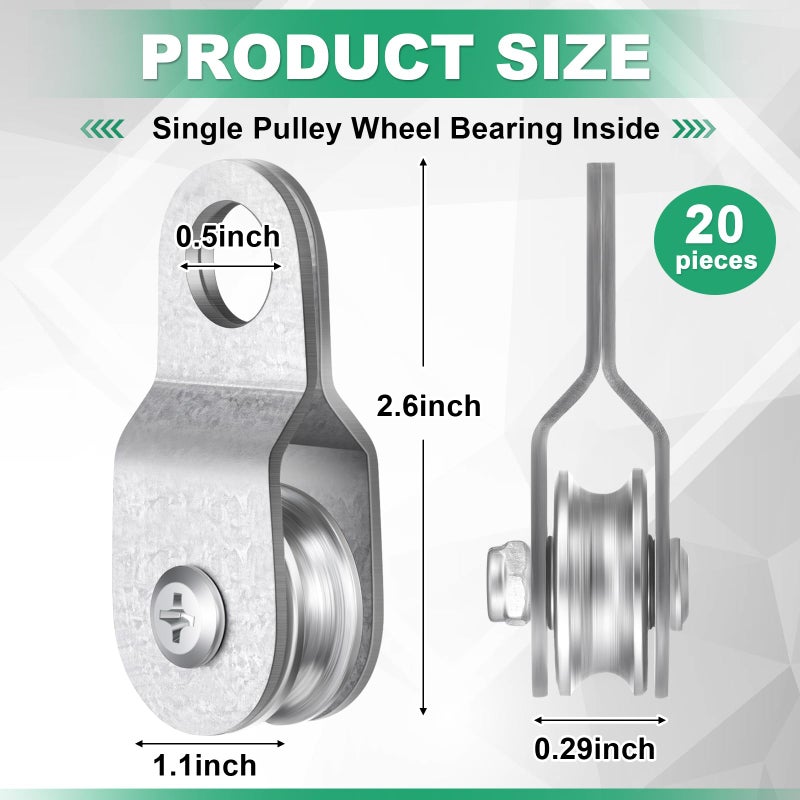 Yaocom 20 Pcs Small Single Pulley Block Wheel Bearing Inside Cable Rollers Single Snatch Cable Pulley Block Hanging Rope Accessories for 6mm/ 0.23 and 8mm/ 0.31'' Wire Rope, Load 70 Lb(2.6 x 1.1 Inch) - Image 2